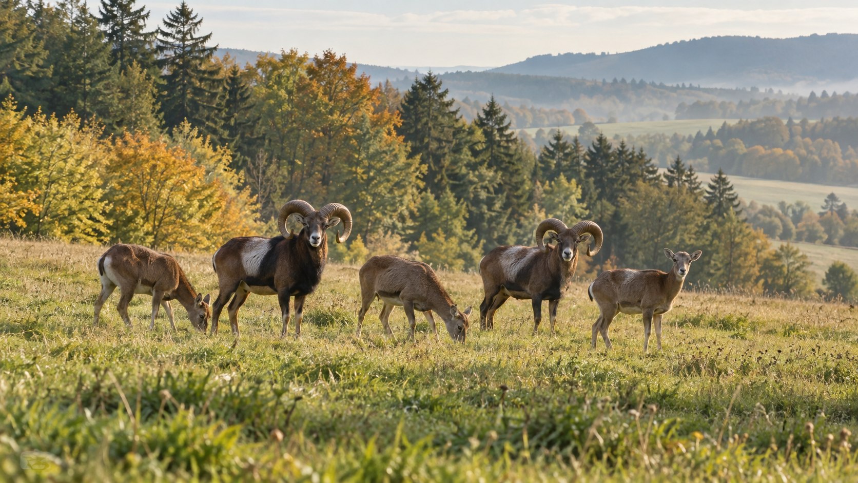 Mufflons auf einer Wiese am Waldrand – KI-Symbolbild